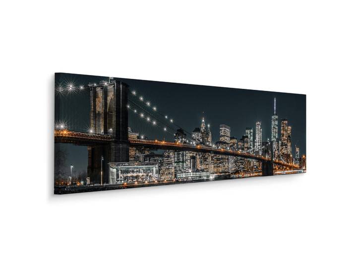 Muralo Panoramabild New York bei Nacht Architektur 3D 145x45cm, Beige, Blau, Grau, Schwarz, Weiß, Kiefer, Stadtarchitektur, Rechteckig, 145x45 cm, einfache und schnelle Anbringung, Bilder & Rahmen, Bilder, Leinwandbilder