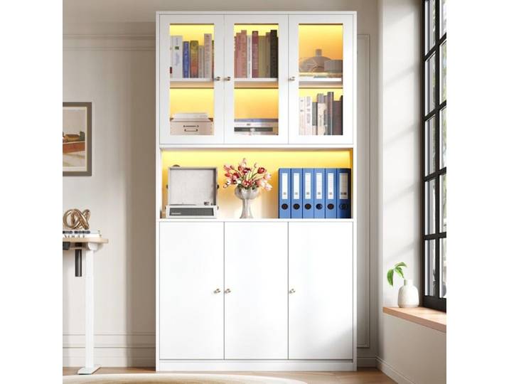 Bibliothèque autoportante blanche 100×35×200 cm vitrée 3 portes LED étagère rangement livres dossiers espace ouvert
