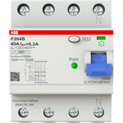 ABB F204 B-40/0.3 FI-Schalter Typ B 4P, 40A, 300mA, 3kA, 4TE, allstromsensitiv, kurzzeitverzögert