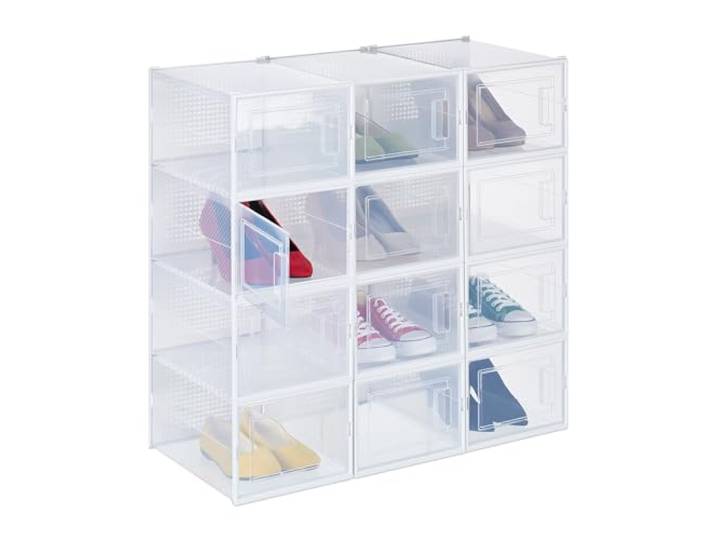 Relaxdays boîtes à chaussures\, lot de 12\, avec porte\, empilables\, pointure jusqu'à 47\, casier de rangement\, transparent