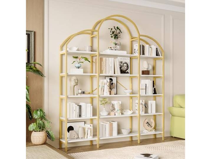 Merax Metallregal 170x25x190cm, aus Stahlrohr-MDF, 5 Schichten Stauraum, Wolkenform, modernes Design, einfach zu montieren, Elegantes Aussehen, vielseitig, leicht zu montieren, Gold & Weiß
