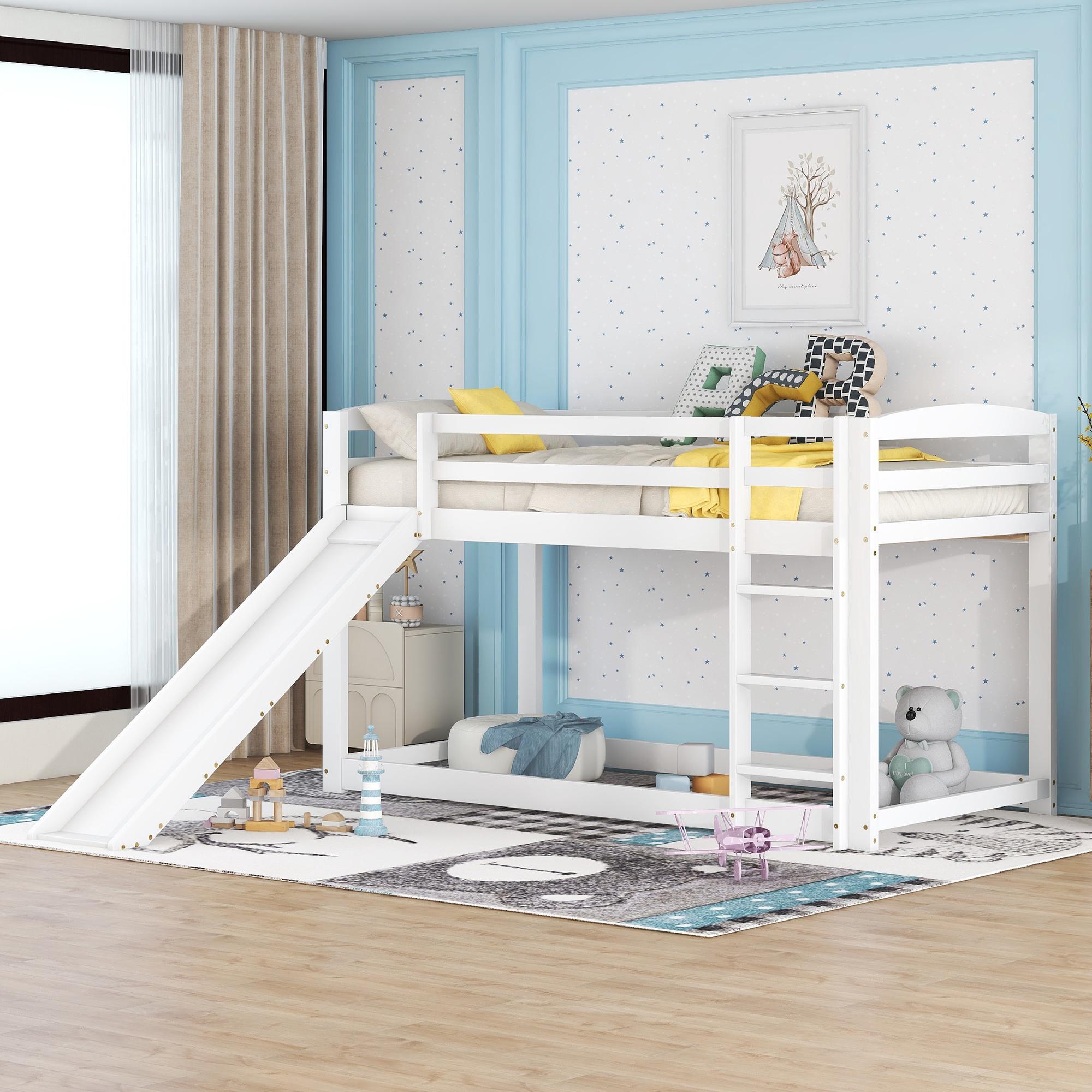 Etagenbett für Kinder und Jugendliche, Kinderbett mit Rutsche, Massivholzrahmen, einfache Montage, 90 x 200 cm, weiß