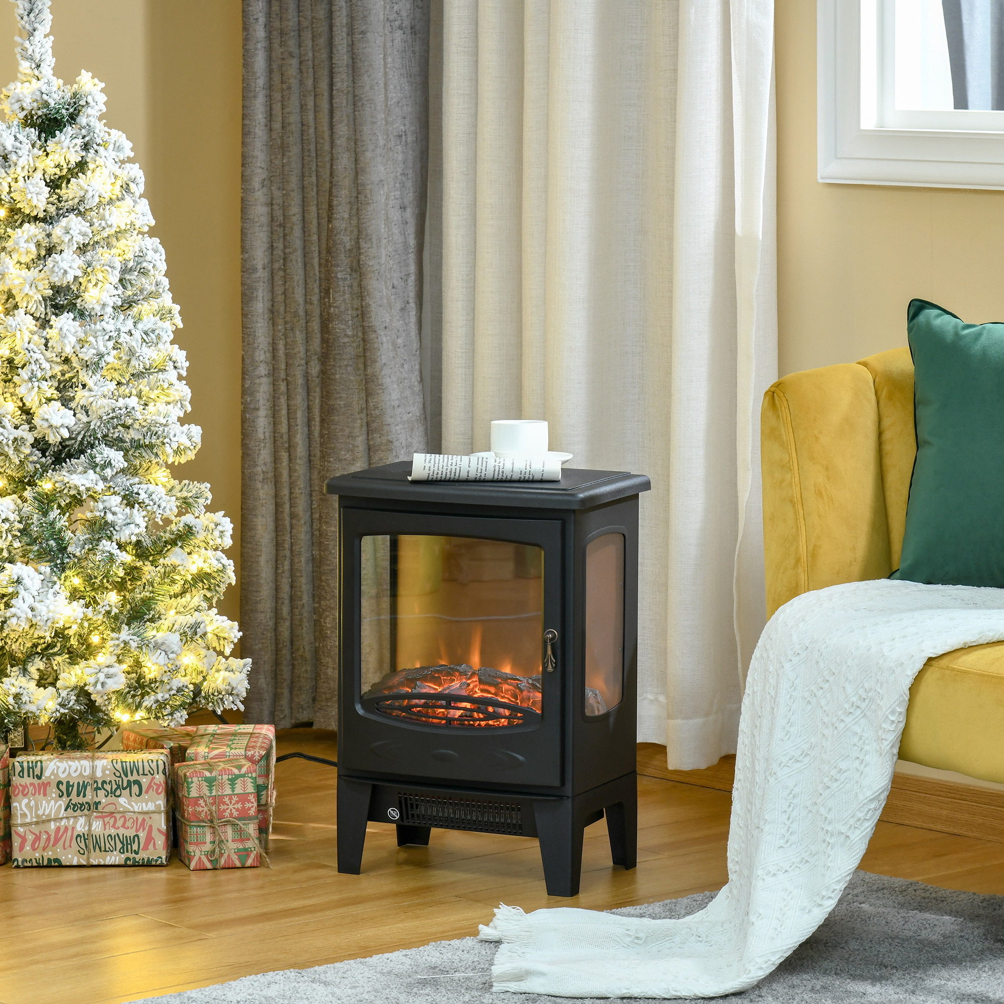 Homcom Camino Elettrico Effetto Fiamma e 3 Lati Aperti, Temperatura Regolabile 900W-1800W, Copertura 20-25m², 39x26x54.8cm, Nero