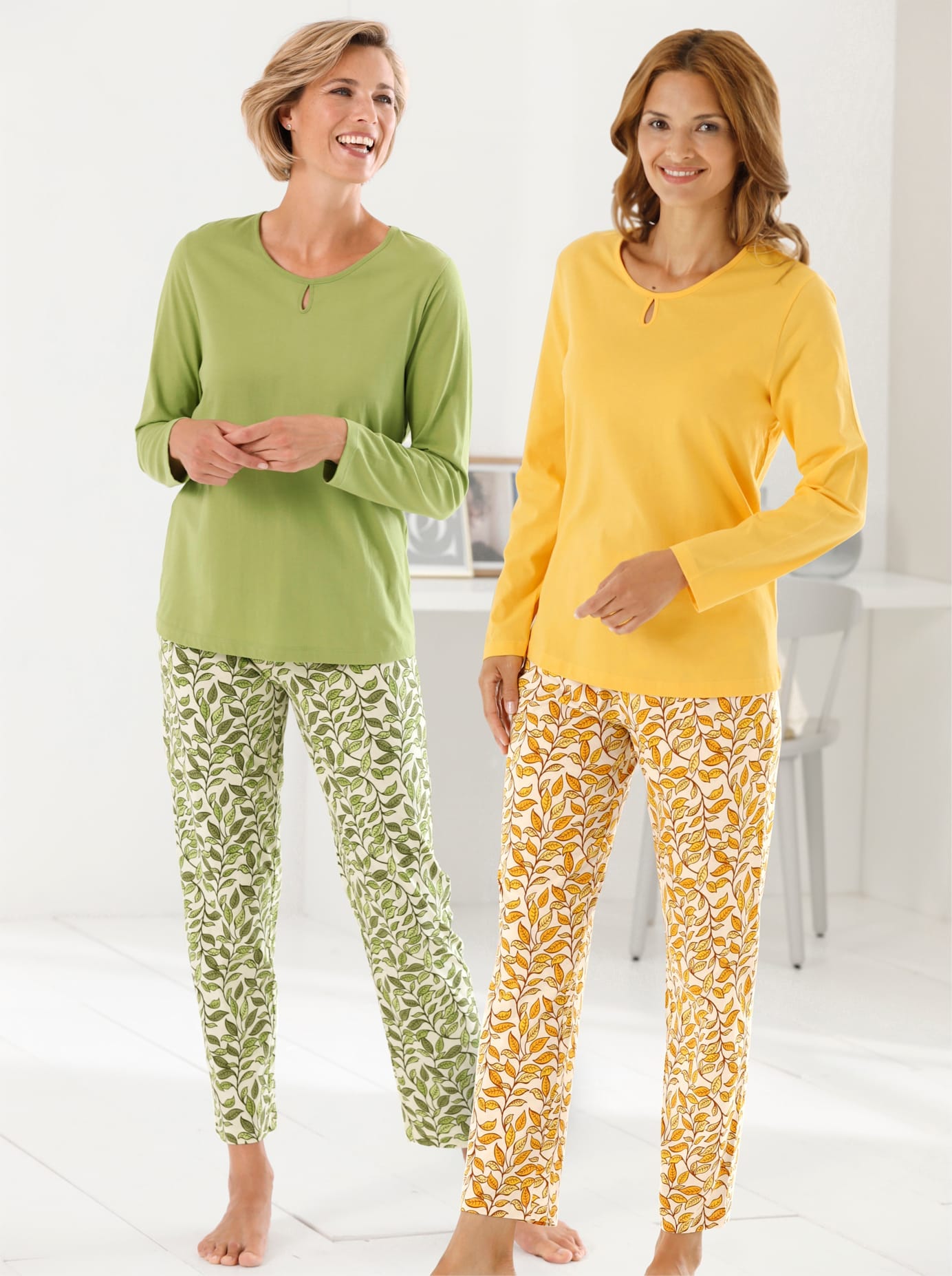 Schlafanzug WÄSCHEPUR, Damen, Gr. 44/46, bunt (kiwi, gelb), 100% Baumwolle, Homewear-Sets Schlafanzug