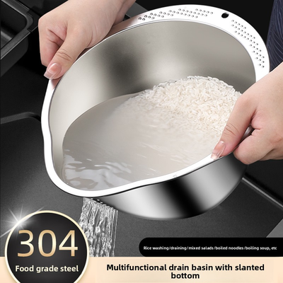 Trendy Discount Goods Rice Washing Bowl Stainless Steel Strainer Colander For Rice And Fruit Vegetable Cleaning silver
