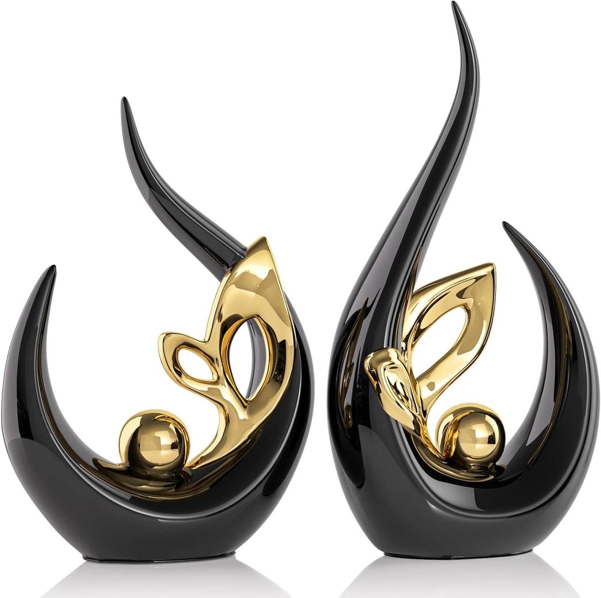 Set van 2 Keramische Abstracte Beelden - Decoratie Sculpturen - Zwart Goud