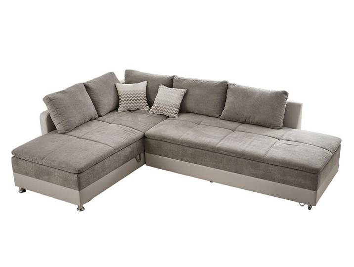 Ecksofa-Dauerschläfer Doppelbett Federkern Bettkasten Couch in Graubraun Beige / 15102
