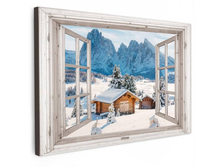 MuchoWow Leinwandbild - Winterlandschaft - Hütte - Berge - Ausblicke - Aussicht - Natur - 120x80 - Kunstdruck, Weiß Hochglanz, Textil, Kiefer, Abstrakt, Rechteckig, 120x80 cm, gerahmt, Bilder & Rahmen, Bilder, Wandbilder