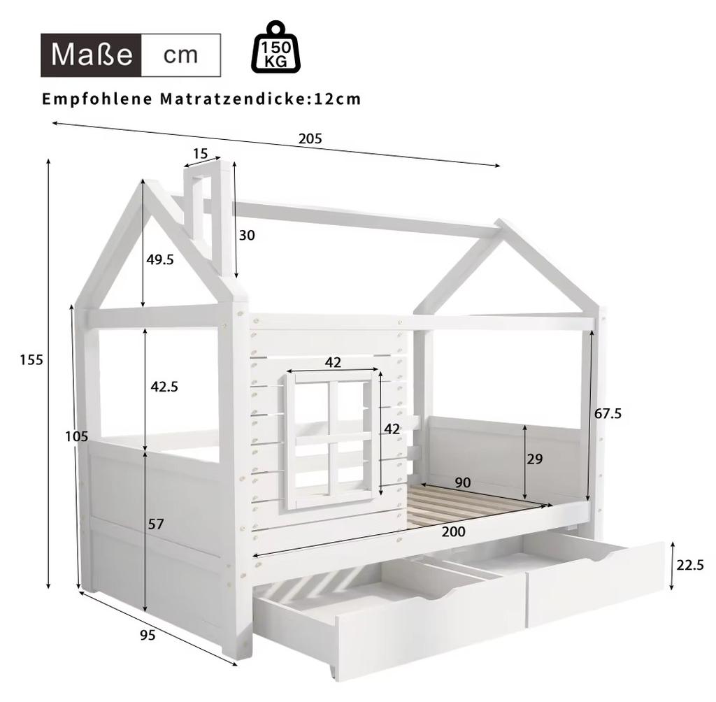 Kinderbett - Jugendbett - 90 x 200 cm - Rausfallschutz - Fenster - Lattenrost - Kiefer - Weiß