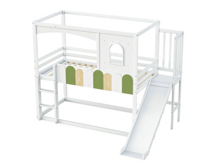 Lit superposé enfant maison 90x200 blanc avec toboggan
