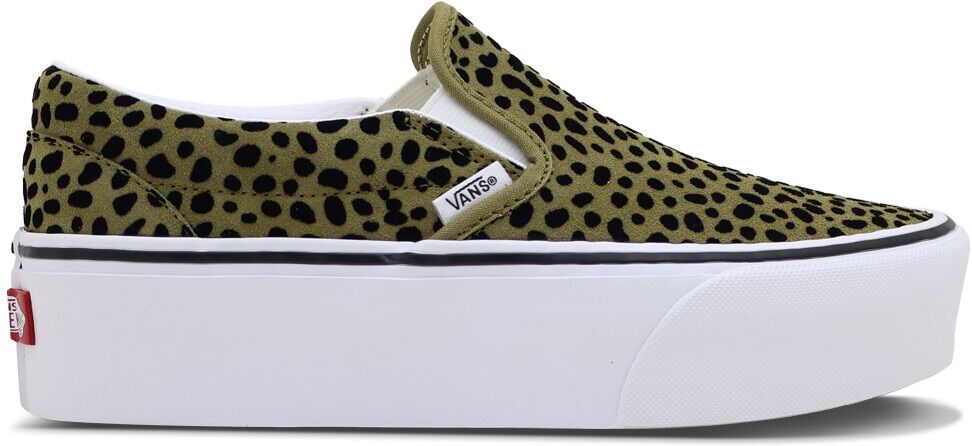 Plateausneaker VANS "Classic Slip-On Stackform", Damen, Gr. 37, grün (h65, spotted olive braun, schwarz), Leder, Schuhe Plateausneaker h65, spotted olive braun, schwarz 37