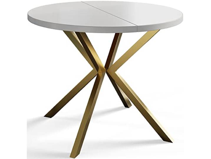AlpiMeble Esszimmertisch Ausziehbarer 120-200cm, Weiß, Goldene Metallbeine Runder Tisch Loft Liten, Wohnzimmertisch, Küchentisch und Esszimmertisch