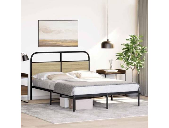 KTHLBRH Bettgestell Eiche Sonoma 140 x 190 cm Spanplatte Gestell aus Stahl, Lattenrost, mit Kopfteil, optimale Unterstützung