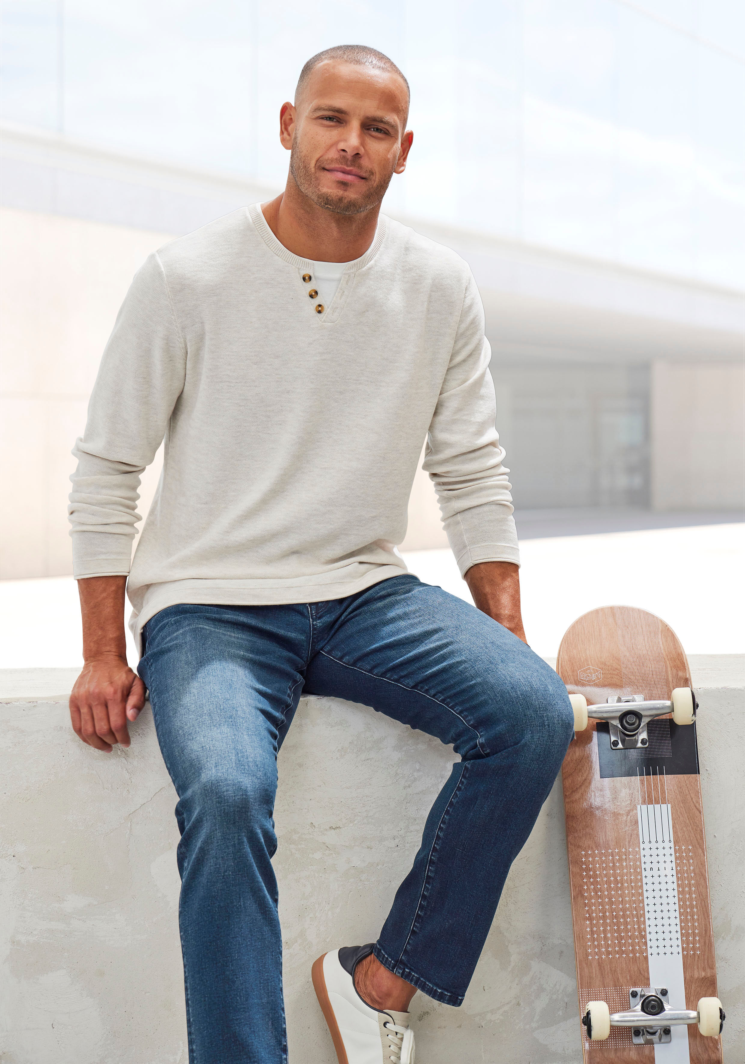 Strickpullover H.I.S, Herren, Gr. 3XL (64/66), beige (beige meliert), Feinstrick, Obermaterial: 60% Baumwolle, 40% Polyester, meliert, regular fit normal, Rundhals, Rollkanten, Pullover Strickpullover, Pullover mit hochwertiger Halslochverarbeitung in dou