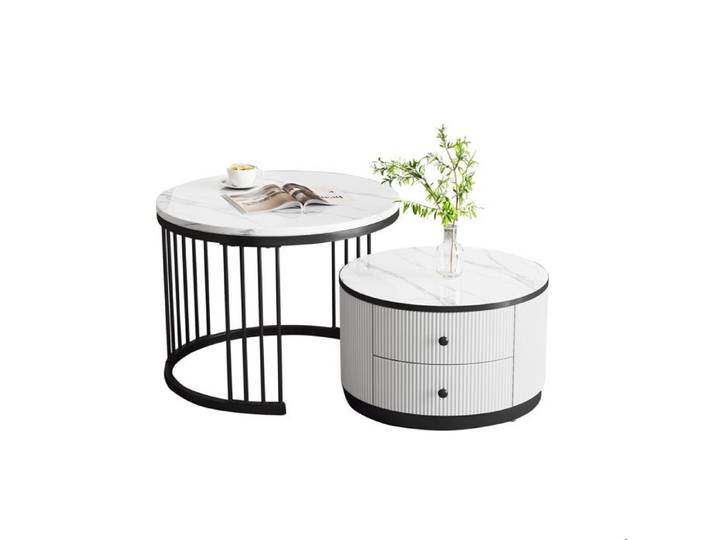 ULEVR Lot de 2 tables basses rondes emboîtables effet marbre brillant blanc et noir 2 tiroirs