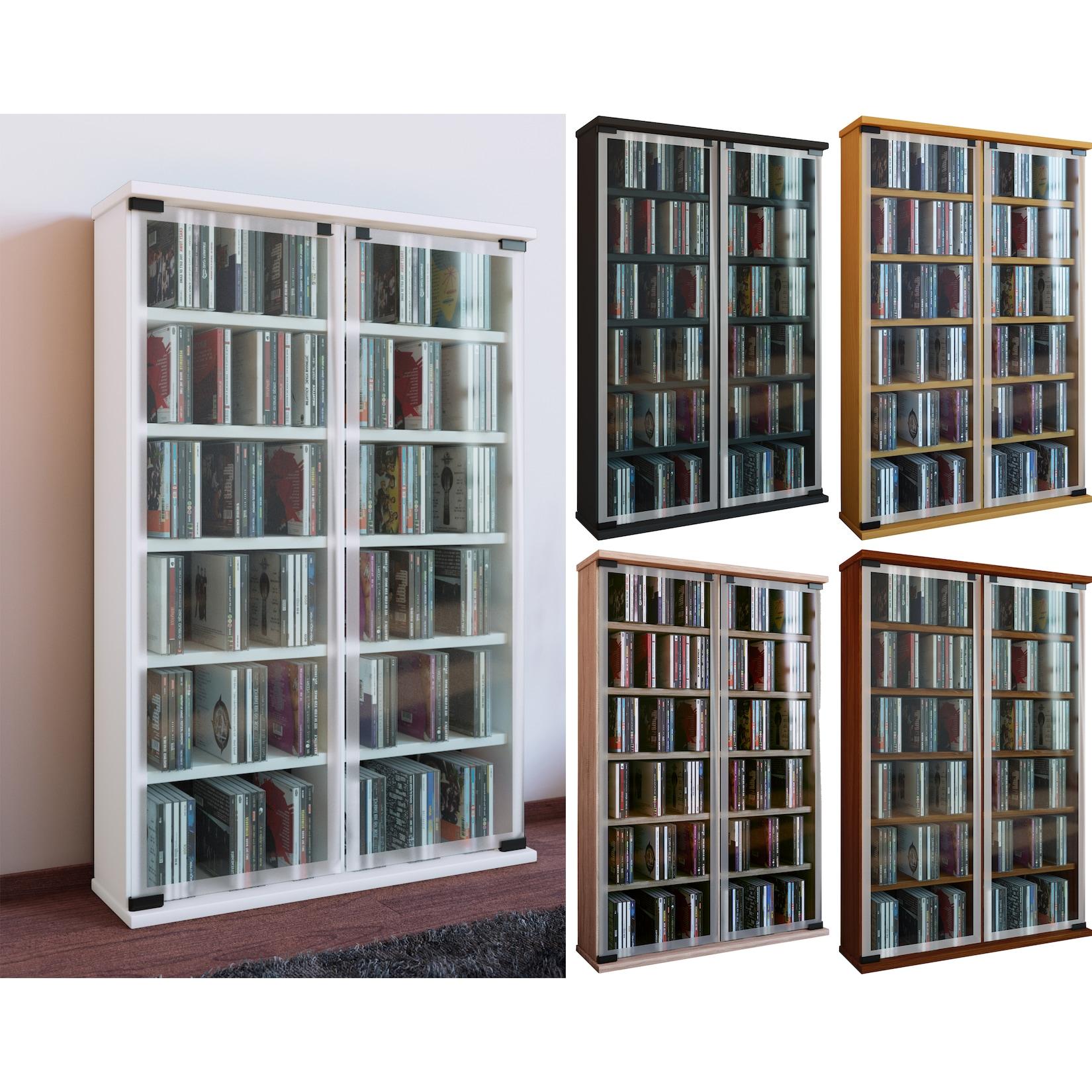 VCM CD Regal Holz CD Schrank mit ESG-Sicherheitsglastüren für 300 CDs oder 130 DVDs 72-Videos Maße: H. 92 x B. 60 x T. 18 cm Elegantes DVD Regal Blu ray Regal CD Regal - Galerie