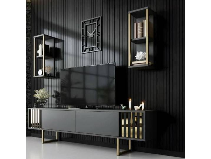 Dmora Fernsehtisch Eunomia 180x30x48 cm Schwarz 5 Böden, modular
