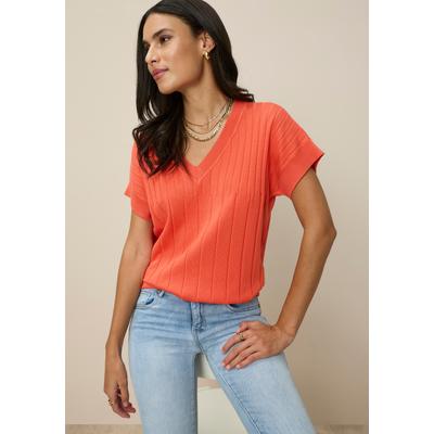 Kurzarmpullover TAMARIS "mit komfortablem Tragegefühl, V-Ausschnitt", Damen, Gr. 32/34, orange (koralle), Strick, Obermaterial: 70% Viskose, 30% Polyamid, unifarben, figurumspielend kurz, V-Ausschnitt, angeschnitten, Pullover, mit Streifenstruktur...
