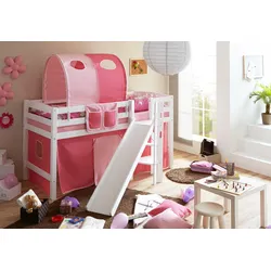 TiCAA Hochbett mit Rutsche Podestbett "Tino" Buche Weiß Classic, teilbar mit Farbauswahl