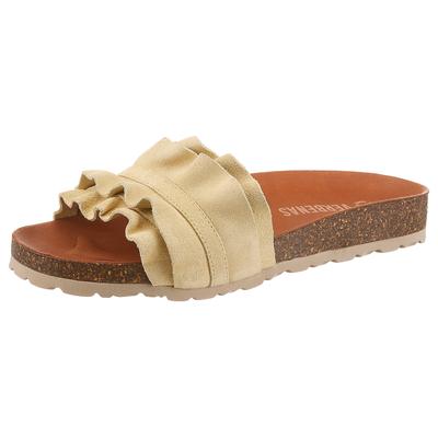 Pantolette VERBENAS "Rocio Roda", Damen, Gr. 37, Synthetik, beige (hellgelb), Veloursleder, unifarben, Schuhe Pantolette, Sommerschuh, Flat mit geschwungenen Laschenstoff
