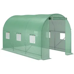 OKWISH Foliengewächshaus Tomatenhaus 350x200x200cm Grün mit Bogendach Stahlgestell PE Folie wasserabweisend, Tür und Netzfenster, stabil und lichtdurchlässig