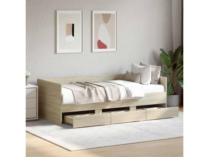 RJPLMFV Beistellbett mit Schublade Eiche Sonoma Holz Feste Lattenrahmen, integrierte Schubladen, Designer-Kopfteil, pflegeleicht