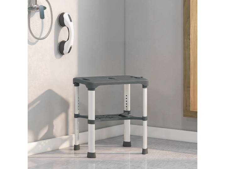 HOMCOM Tabouret Douche Hauteur Ajustable Étagère Barre Gris