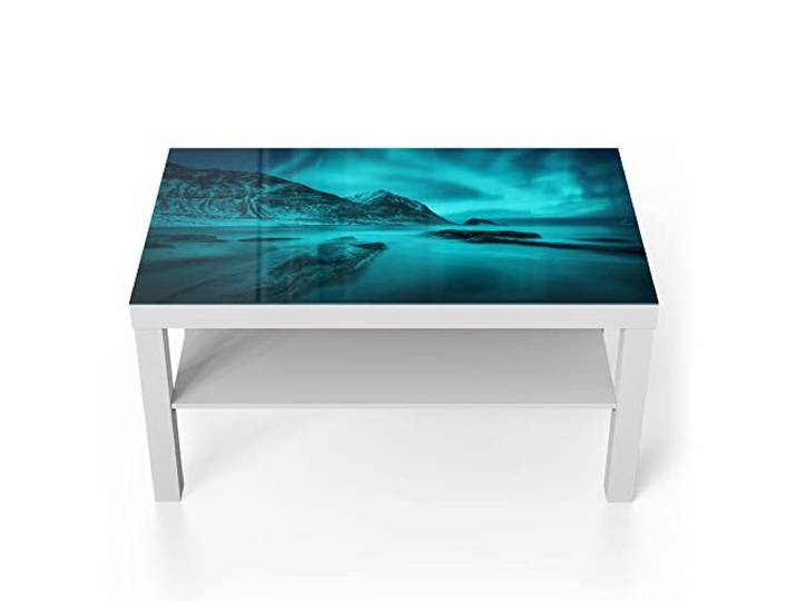 DEQORI Glastisch weiß groß 90x50 cm Motiv Polarlichter in Norwegen ausgefallener Beistelltisch aus Glas Hochglanz Couchtisch fürs Wohnzimmer moderner Couch Tisch mit Design