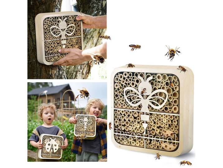Insektenhotel Biene , kinderfreundlich, Naturholz, 20 x 20 x 7 cm