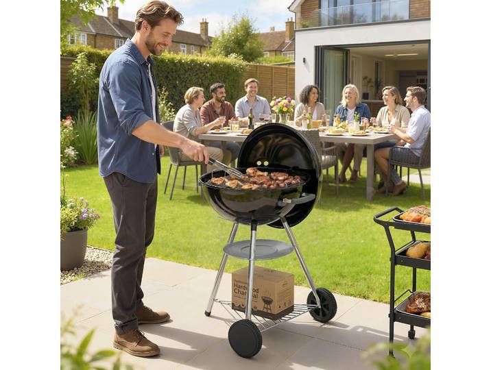 Outsunny Barbecue Charbon Portable Rond Couvercle Thermomètre Noir