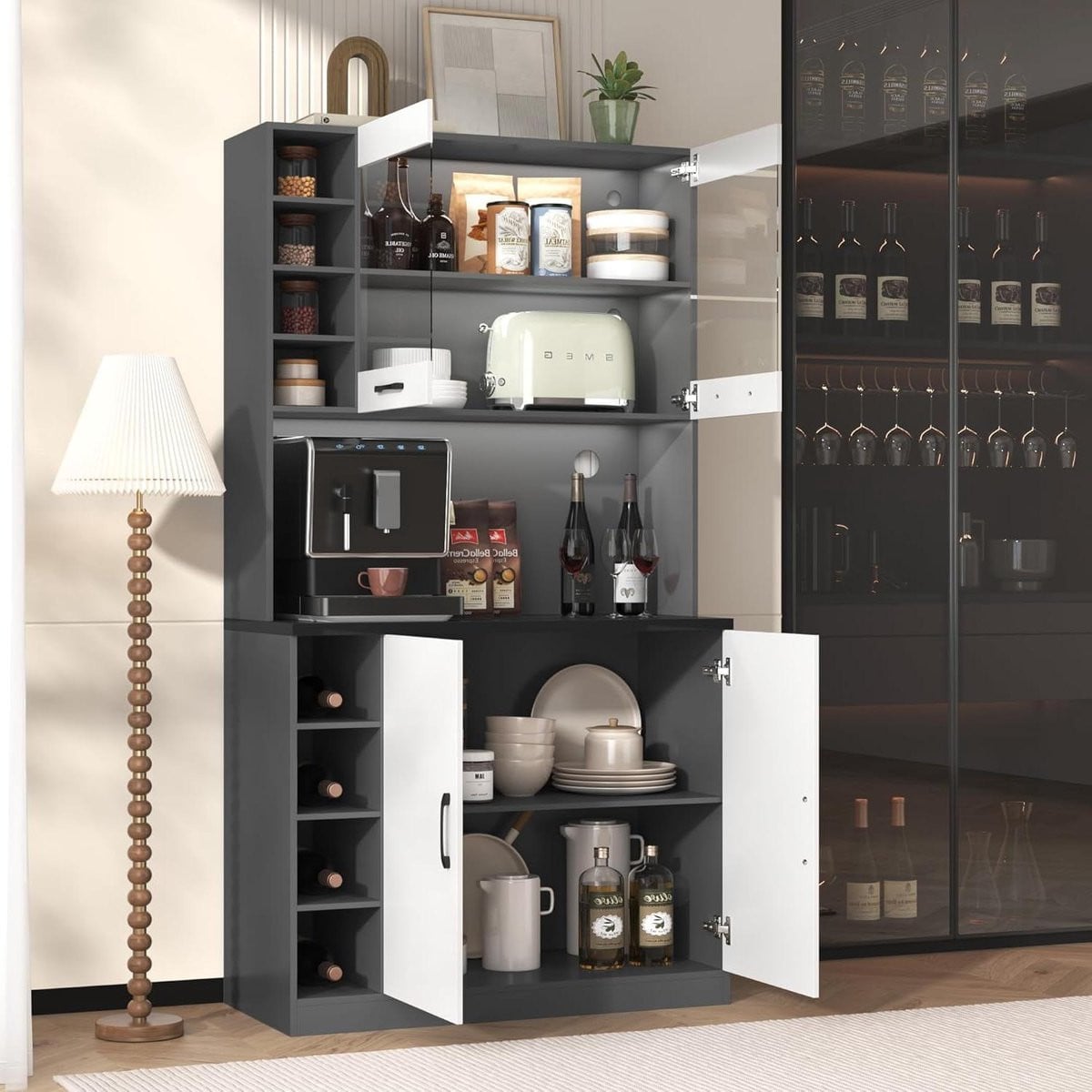 Wit Highboard Buffetkast met Ledverlichting voor in de Keuken - B/D/H: 100 x 47 x 187 cm