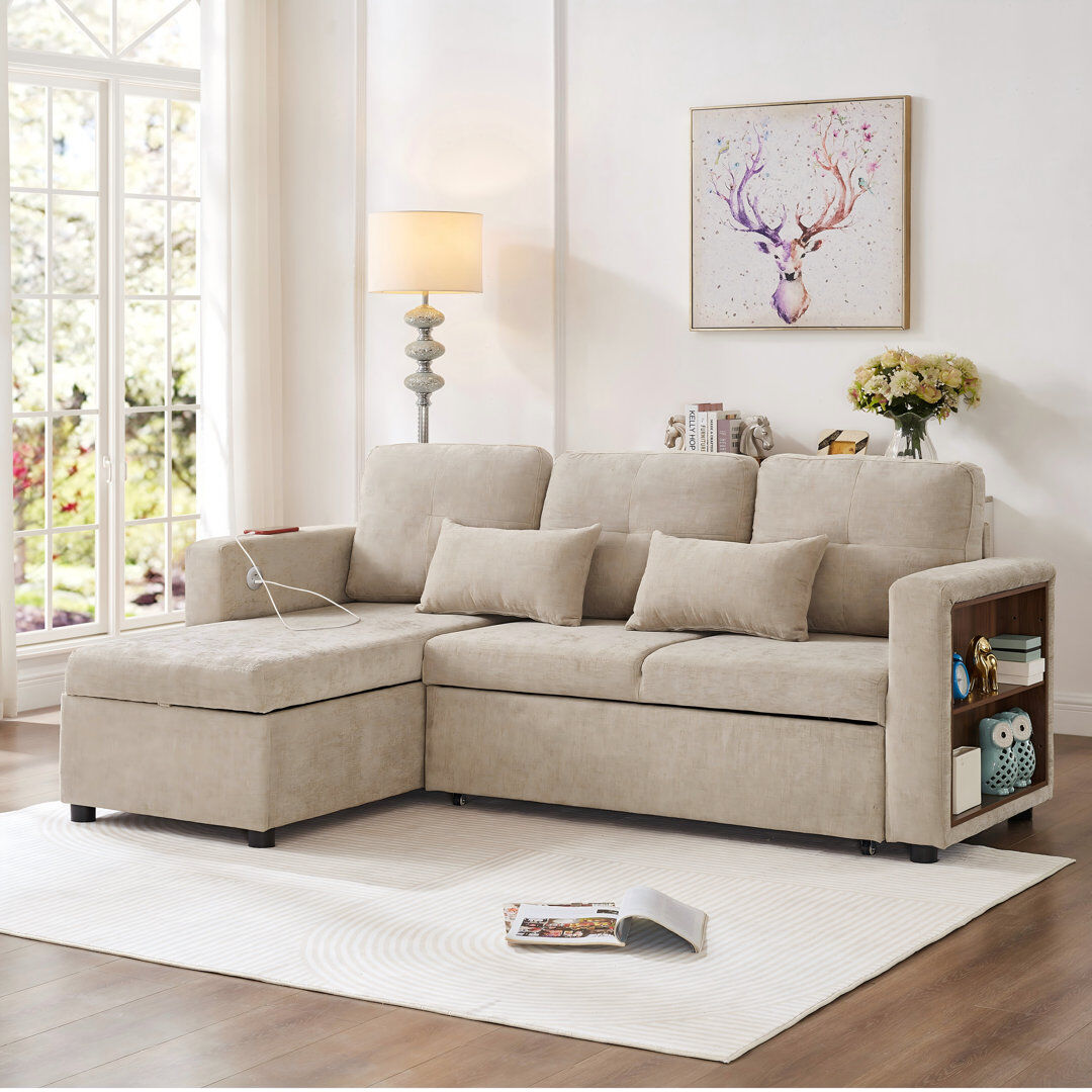 17 Stories Convertible Sofa Bed With Reversible Storage Chaise And Usb Beige 87cm H X 173cm W X 124cm D