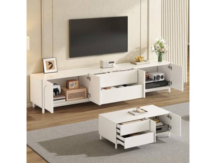 Aunvla Wohnzimmer Set aus TV-Schrank + Couchtisch, Möbelset mit bogenförmigen Türen, Korpus aus Spanplatte+MDF, Möbel mit Stahlrohrfüßen, Stauraum Kombination für Wohnzimmer
