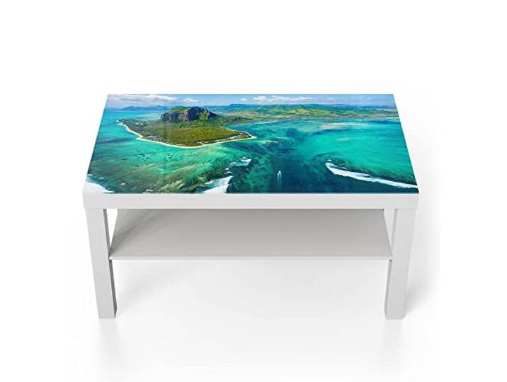 DEQORI Glastisch weiß groß 90x50 cm Motiv Mauritius aus der Luft ausgefallener Beistelltisch aus Glas Hochglanz Couchtisch fürs Wohnzimmer moderner Couch Tisch mit Design