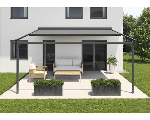 SOLUNA Pergola mit Stoffdach 5x5 Stoff Dessin 8445 Gestell RAL 7016 anthrazitgrau Antrieb links inkl. Motor, Wandschalte