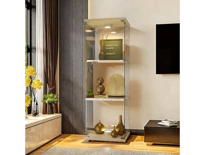 FEEOHOME Glasvitrine stehend, Vitrine Glas, Transparent Vitrine mit 3 Schichten mit 1 Tür, gehärtetes Glas vitrinenschrank für Wohnzimmer, Schlafzimmer, 42x36x125 cm, weiß