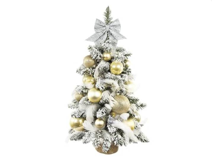 LAALU Künstlicher Weihnachtsbaum 60 cm mit LED-Beleuchtung – GOLDWEIHNACHTEN – mit 34 Weihnachtsbaumschmuck – Pflanztopf mit Jutesack