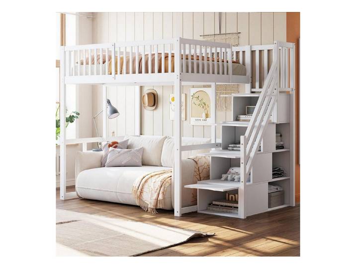 LuxusKollektion Hochbett Hochbett Kiefer White+Wood 140x200 mit Stauraumtreppe (1-St)