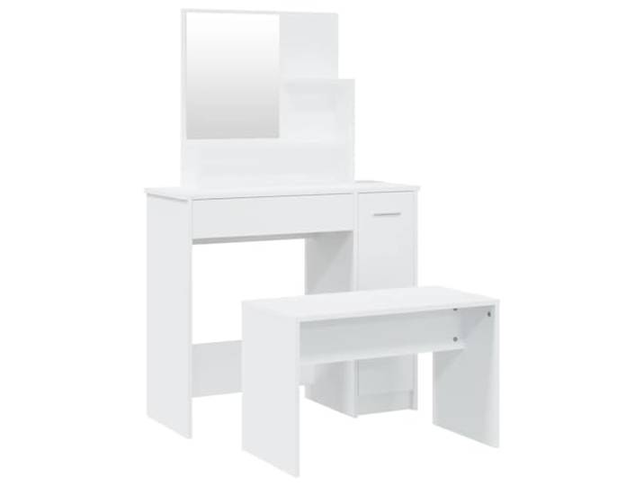 HNSMFPRE Schminktisch-Set, Weiß, 86,5 x 35 x 136 cm, mit Hocker und Spiegel Holzwerkstoff, glatte Oberfläche, Feuchtigkeitsbeständigkeit, große Aufbewahrung, Spiegel, Wandbefestigung enthalten