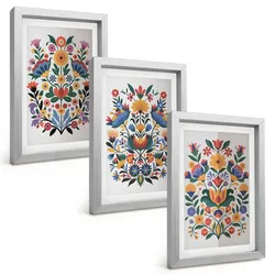 BILDER SET 3er Set - 20x30 cm Silberner Rahmen - Blumenmuster in intensiven Farben