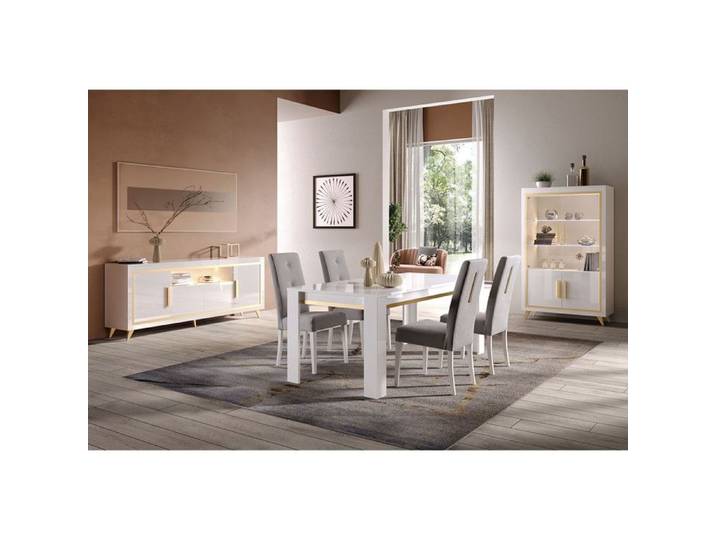 JEMMA - Ensemble Séjour Complet Blanc Décor Doré Table 190cm + Buffet et Vitrine avec Leds