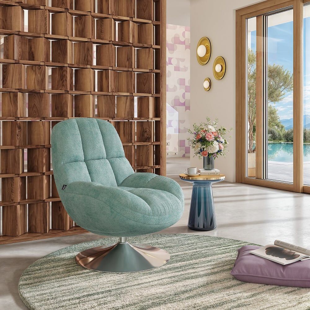 Habitat Fauteuil pivotant en tissu chenille et métal chromé - bleu ciel Bleu 76x88x84cm