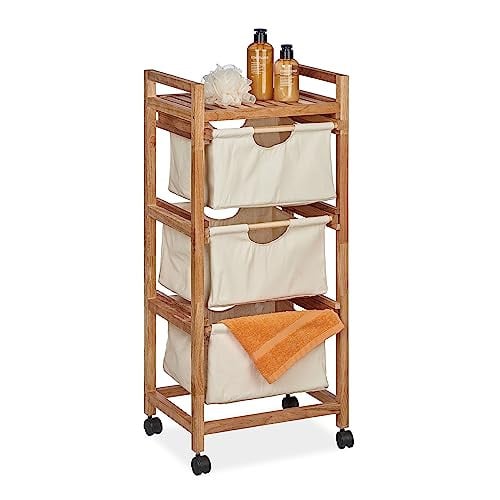 Relaxdays badkamerrek met 1 plank en 3 stoffen manden, beige en zwart