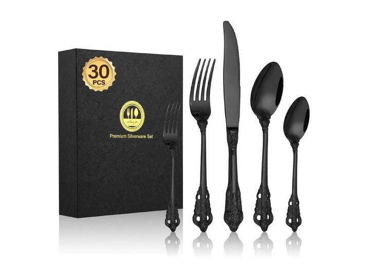 LuxusKollektion Besteck-Set Besteckset 30tlg 30 Stück Schwarze Kronen Besteck 30 Stück
