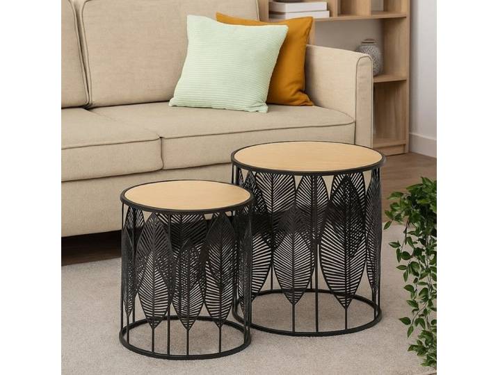 Ensemble de 2 tables FOLLA – tables basses rondes – plateau naturel structure noire