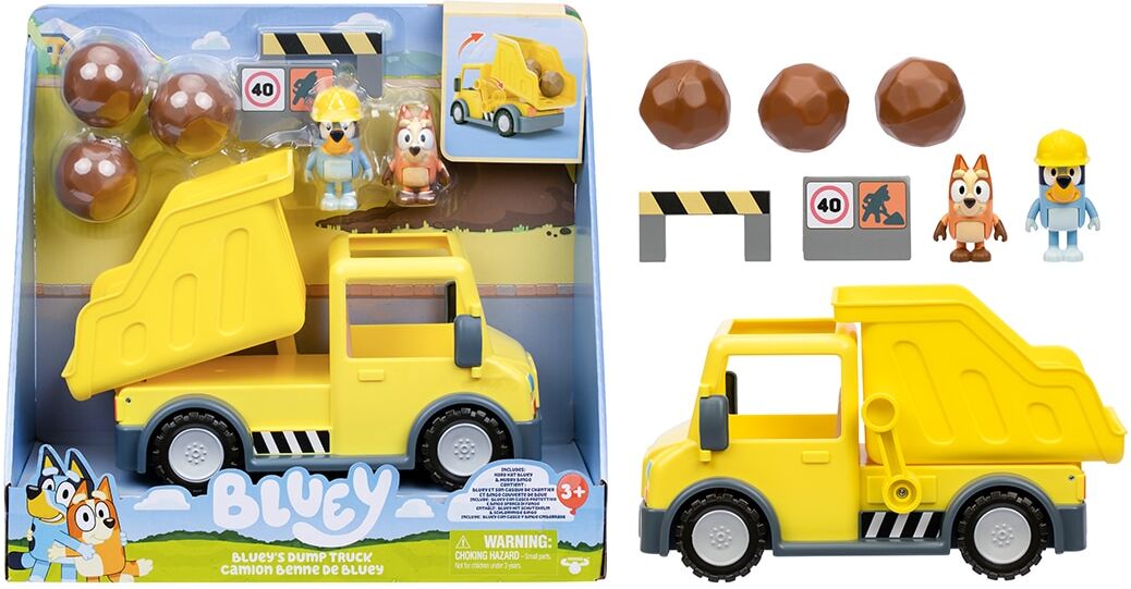 Bluey Camión basculante con figuras exclusivas con un casco de seguridad y Bingo manchada de barro Moose.