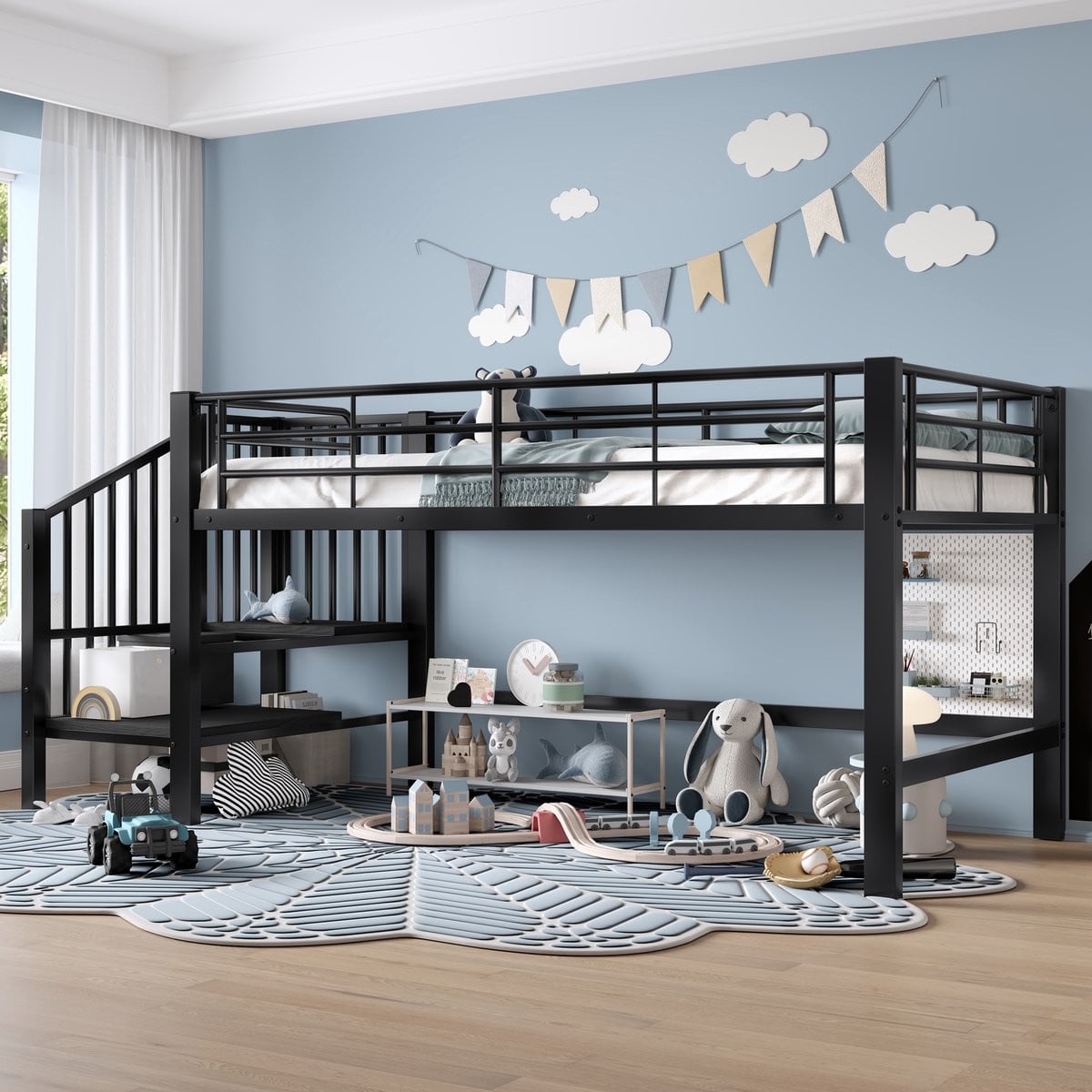 Halfhoog bed met opbergtrap voor kinderkamer, zwart metalen frame, 90 x 200 cm