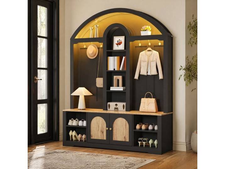 Vestiaire d'entrée 150x40x195 cm avec crochets et rangements MDF noir et aspect bois - LIMDUR