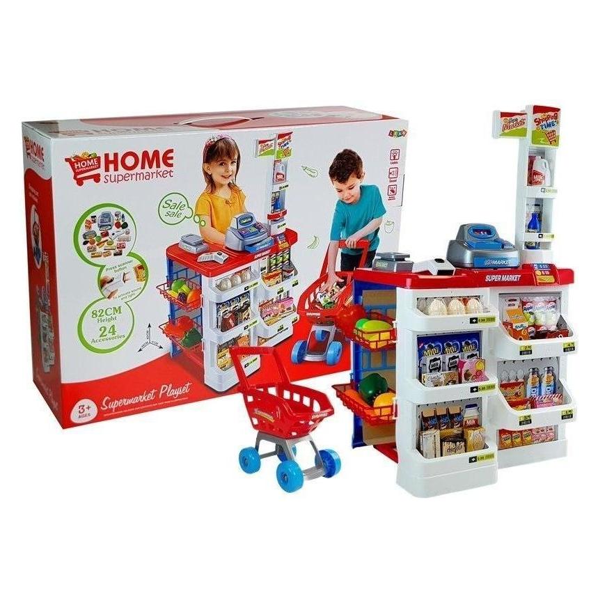 Lean Toys Spielzeugmarkt mit Einkaufswagen, Registrierkasse, Scanner, Lebensmitteleinkauf (33435794)