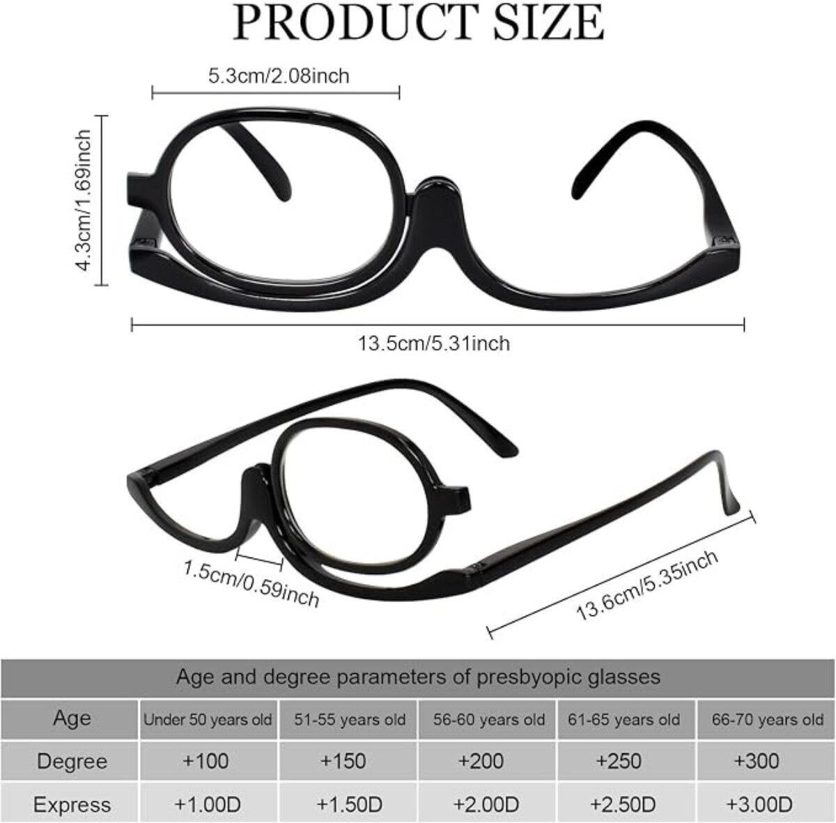 INF Lunettes grossissantes de maquillage 3,0x avec lentille pivotante, monture réglable, lot de 2